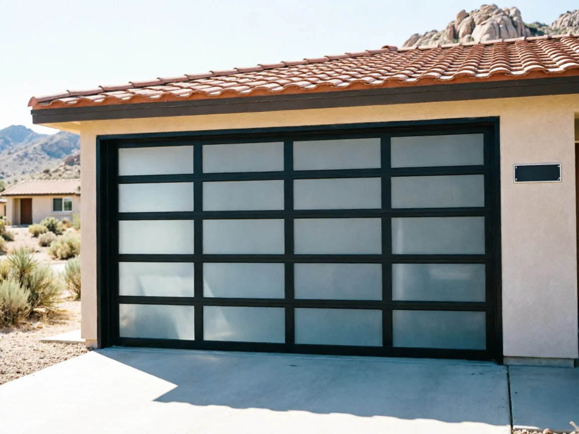 A modern garage door with frosted glass panels and a black frame.