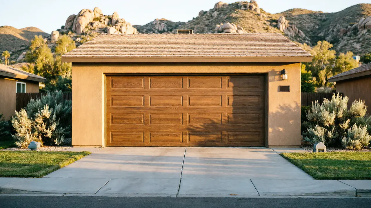 The house has a brown garage door, a concrete driveway, and a tan exterior.