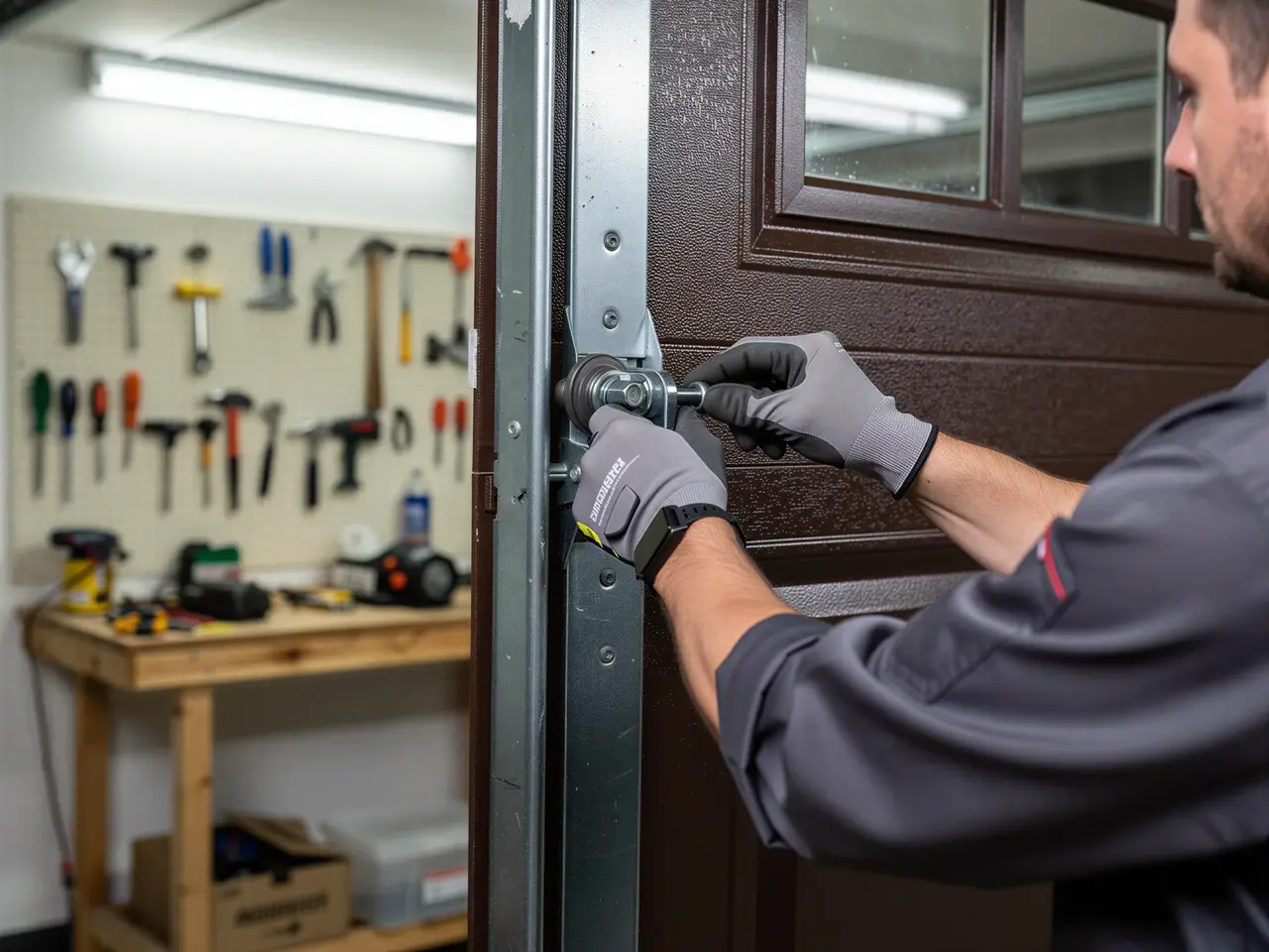 A technician in gloves adjusts a roller on a brown garage door.