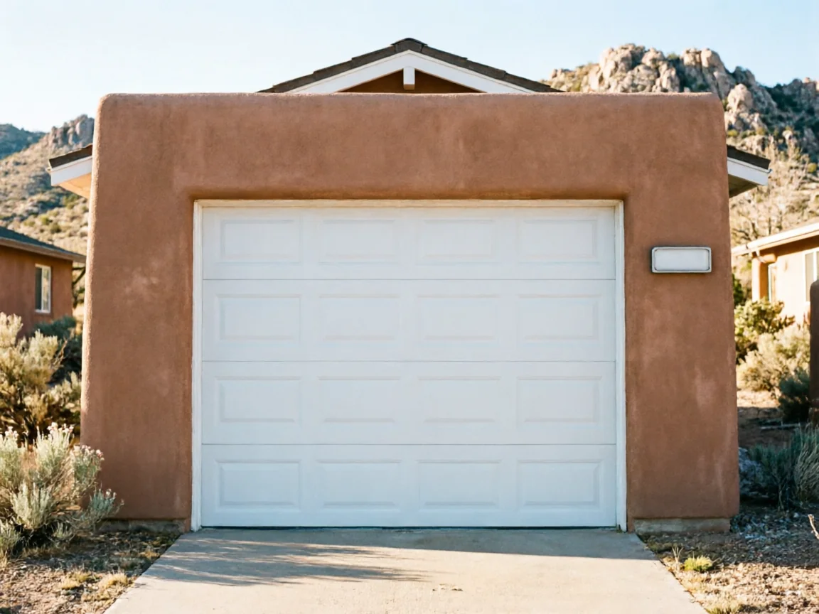 A white garage door is set into a brown stucco house with mountains in the background.